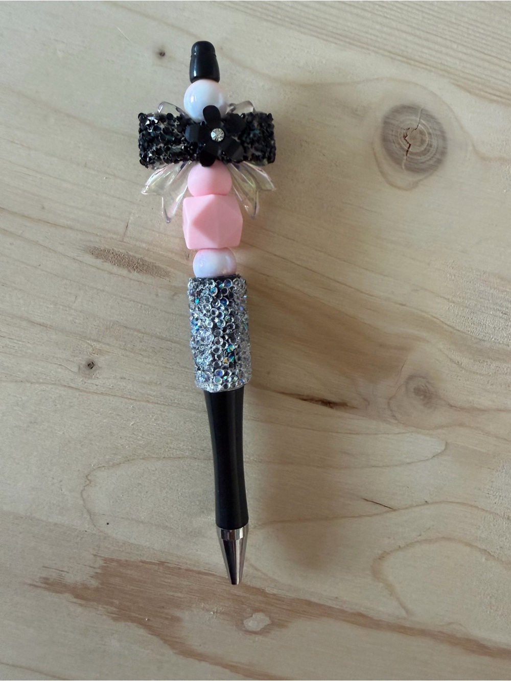 Beaded Pink & Black Bow Decorative Pen - Unbranded